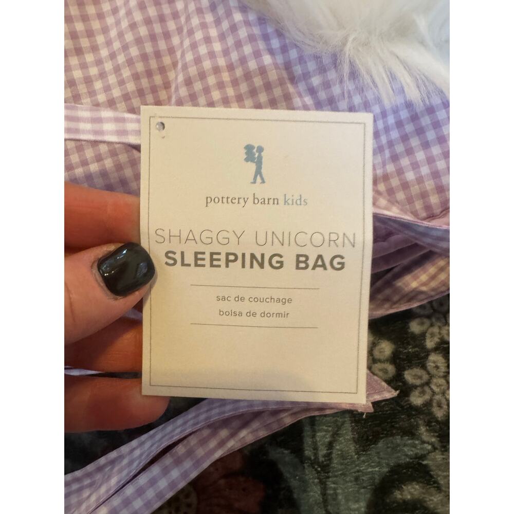 Pottery Barn Shaggy Unicorn Purple Gingham Sleeping Bag “ZOE” Monogram NWT - Picture 5 of 9
